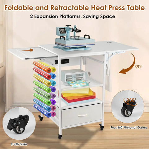 Heavy Duty Three Tier Movable Heat Press Table With Foldable Stand For Heat Transfer Machines Sublimation Printers And Cutting Tasks Hustle Ready Workhorse with two expansion platforms.