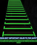 Staircase marked with Six Pack Glow In The Dark Tape 198 Ft Total Green Luminous Neon Waterproof Tape For Outdoors And Indoors Home Decor Marking Crafts And Safety Signage Rechargeable Fluorescent highlighting edges for safety.