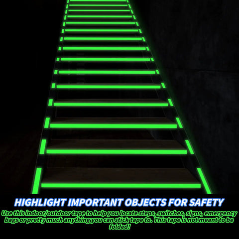Staircase marked with Six Pack Glow In The Dark Tape 198 Ft Total Green Luminous Neon Waterproof Tape For Outdoors And Indoors Home Decor Marking Crafts And Safety Signage Rechargeable Fluorescent highlighting edges for safety.