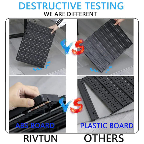 Comparison of ABS board vs plastic board strength, showing a hand flexing the ABS board and static plastic board.
