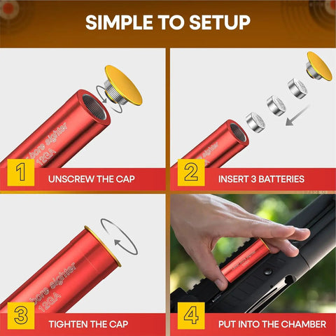 Steps to set up Premium 12 Gauge Laser Bore Sight For Shotguns Precision Red Dot Zeroing Aid with batteries and installation.