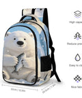 Frosty Polar Bear Printed Unisex Backpack Large Capacity Durable Polyester Travel School Bag showcasing polar bear design and dimensions