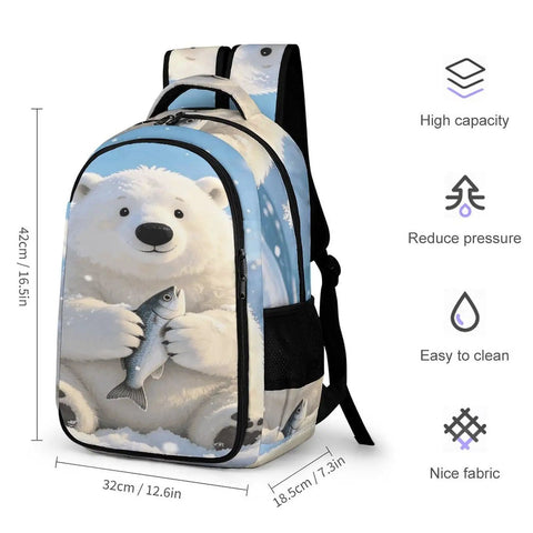 Frosty Polar Bear Printed Unisex Backpack Large Capacity Durable Polyester Travel School Bag showcasing polar bear design and dimensions