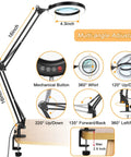 Big 8X Magnifying Glass With Light And Stand Clamp On LED Desk Lamp Arm showing multi-angle adjustable features.