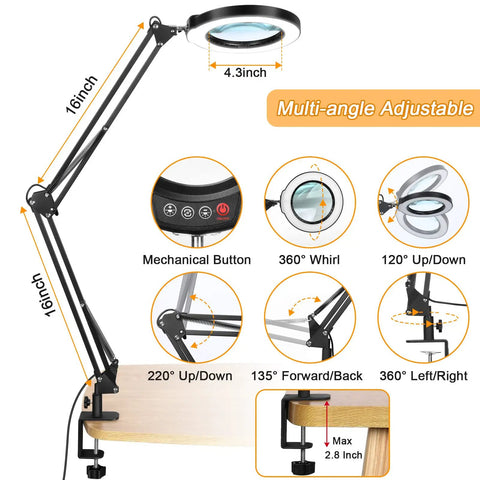 Big 8X Magnifying Glass With Light And Stand Clamp On LED Desk Lamp Arm showing multi-angle adjustable features.