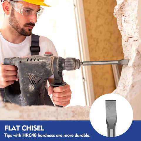 Side view of WORKPRO rotary hammer drill with flat chisel bit, worker wearing safety glasses and hard hat