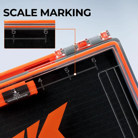 Close-up of HyperSeal 3500 Double Sided Waterproof Fishing Tackle Box with scale markings and moisture absorber