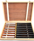 Top Notch Eight Piece Wood Lathe Chisel Set Featuring Razor Sharp High Speed Steel Blades And Tough Beech Handles in wooden box.