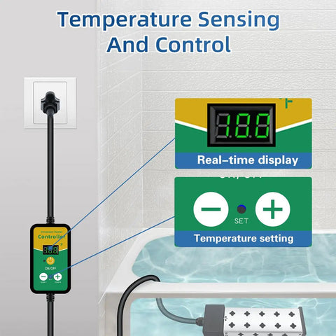 Immersion Water Heater 1800W 120V with digital thermostat, real-time temperature display, and heavy duty cord in bathtub setup