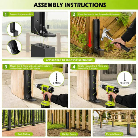 Assembly instructions for Heavy Duty Fence Post Repair Kit For Leaning Wooden Supports in multi-scenario applications.