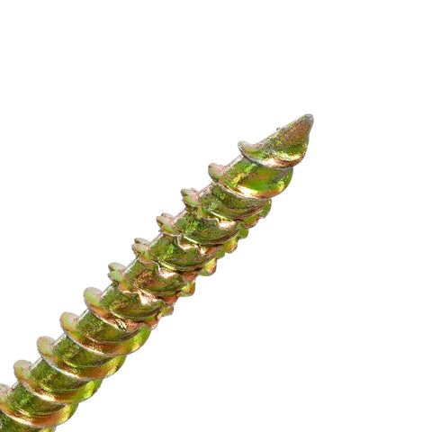 Close-up of Top Shelf Twist Shank Wood Screws, 8 Gauge X 1 1/4 Inch, Gold Zinc Plated, showing self-start design and spiral thread.