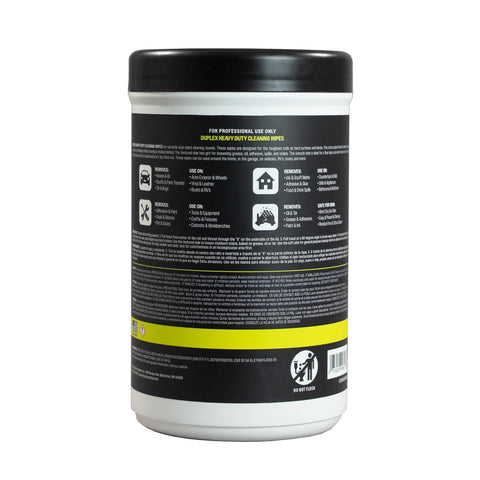 Back label of Heavy Duty Cleaning Wipes For Home And Auto With Dual Sided Texture Wet Wipes That Power Through Grease Tar Paint