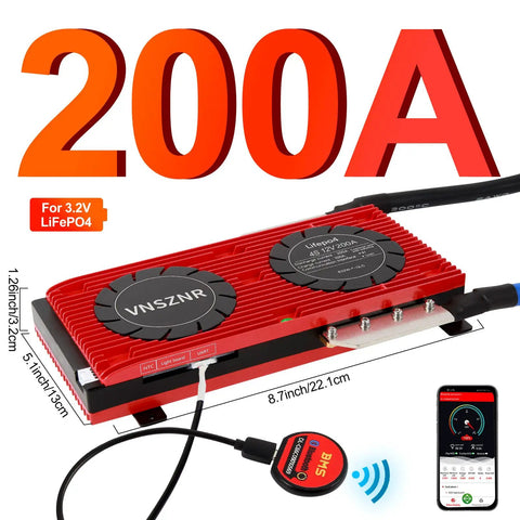Smart LiFePO4 BMS 12V 200A Battery Management System with balance leads and app monitoring display for Android and iOS.