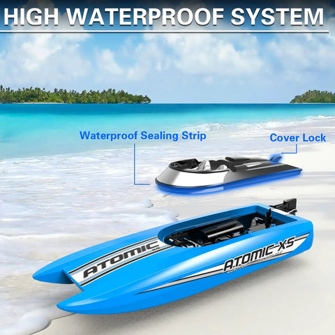 Rad High Speed RC Boat For Adults Up To 20 MPH With 2 Batteries And Reverse 24GHz Remote Controller with waterproof cover on beach