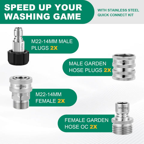 Jewheg stainless steel pressure washer quick-connect kit with M22-14mm male/female plugs and garden hose adapters, 2x each