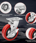 6 Inch Industrial Grade Caster Wheels Set Of 4, Heavy Duty Polyurethane Casters With Dual Ball Bearing, showing wheel design and features.