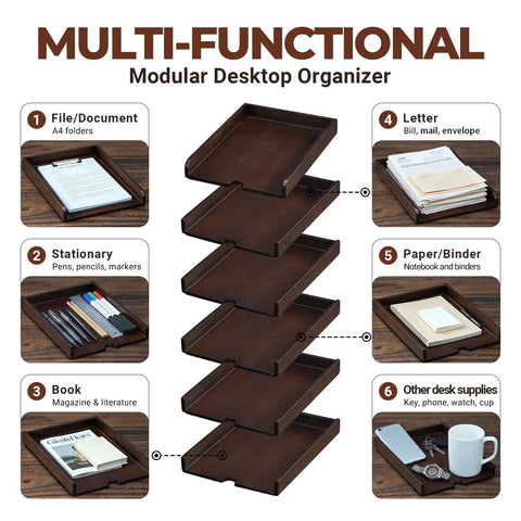Six Tier Solid Wood Desktop File Organizer With Sliding Pull Out Trays For A4 Documents Folders Mail Bills Tablets And Phones