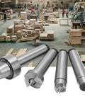 Essential 4 Piece Wood Turning Center Set With Spur And Cup Tool For Lathe Spindle Work showing steel tools in workshop.