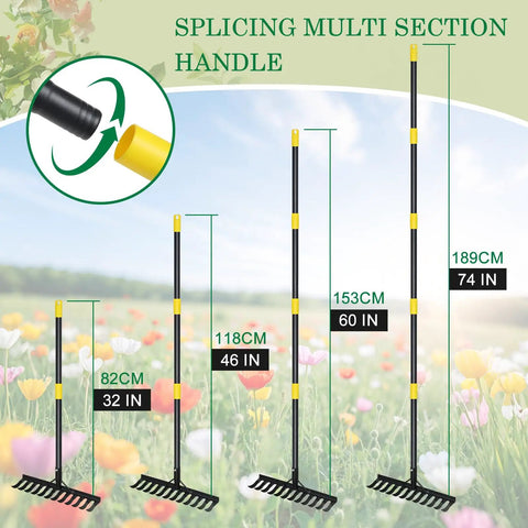 Heavy Duty Garden Rake With Long 74 Inch Handle And 12 Metal Tines, adjustable handle lengths displayed in garden backdrop
