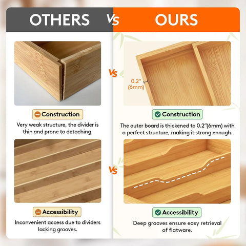 Comparison of expandable kitchen utensil organizer drawer tray with natural wood finish and adjustable dividers for cutlery silverware
