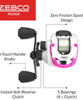 Top view of Go To Freshwater Baitcast Reel And Fishing Rod Combo For Anglers showing spool, pink accents, soft-touch knobs