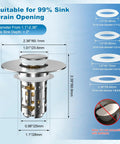 Heavy Duty Two Pack Bathroom Sink Drain Strainer With Slick Pop Up Stopper And Triple Layer Filtering For Fast Water Release and Reliable Hair Trapping Zero Hassle Daily Driver dimensions illustration and specifications.