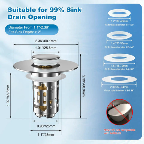 Heavy Duty Two Pack Bathroom Sink Drain Strainer With Slick Pop Up Stopper And Triple Layer Filtering For Fast Water Release and Reliable Hair Trapping Zero Hassle Daily Driver dimensions illustration and specifications.