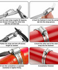 Heavy Duty Stainless Steel Hose Clamp Kit Featuring A Roll Of 50 Ft Cut To Any Length Metal Strapping With 24 Fasteners For Fuel Lines Auto Tubes And Plumbing Jobs That Need Real American Tough Durability. Installed on red hose