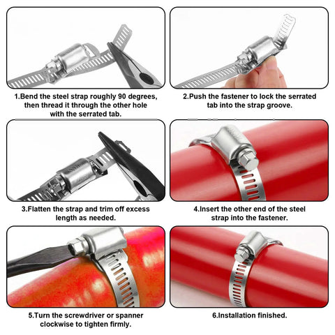 Heavy Duty Stainless Steel Hose Clamp Kit Featuring A Roll Of 50 Ft Cut To Any Length Metal Strapping With 24 Fasteners For Fuel Lines Auto Tubes And Plumbing Jobs That Need Real American Tough Durability. Installed on red hose