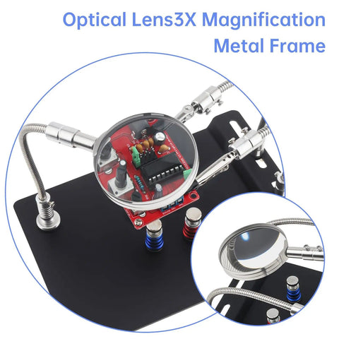 Magnetic Helping Hands Soldering Station With 4 Magnetic PCB Clamps, 3X Magnifying Glasses showing close-up optical lens