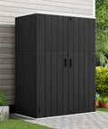 Outdoor Vertical Storage Shed 57 Cu Ft Waterproof Resin Cabinet For Garden Patio Backyard Lockable And Weather Resistant Storage Solution For Mowers Long Tools Patio Furniture And Pool Gear against house wall