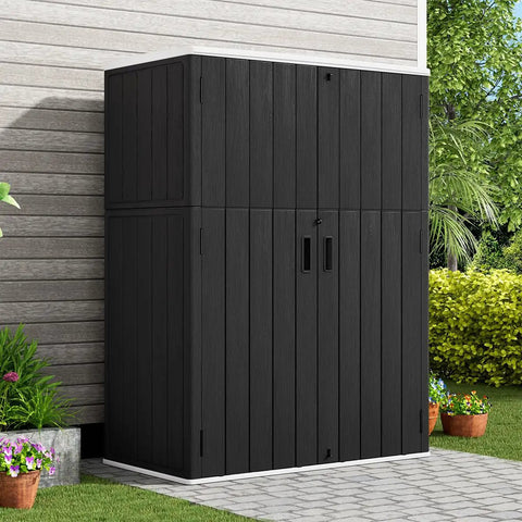 Outdoor Vertical Storage Shed 57 Cu Ft Waterproof Resin Cabinet For Garden Patio Backyard Lockable And Weather Resistant Storage Solution For Mowers Long Tools Patio Furniture And Pool Gear against house wall