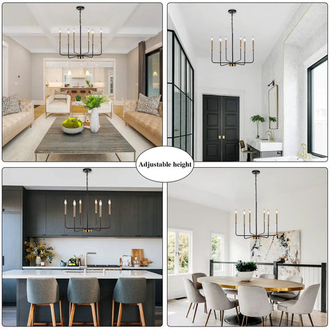 Six Light Farmhouse Chandelier With Adjustable Height Black And Gold Iron Pendant Lighting For Dining Room Kitchen Island Living Room And Foyer