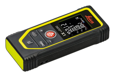 Disto X1 Laser Distance Meter With 330 Ft Range, Bluetooth 4.2 And NFC Data Transfer To Disto Plan App, Add And Subtract Measurements For Pros, 4 Line Display, IP65 Dust And Waterjet Protection, 6 Ft Drop Tested, Includes Hand Loop And Pouch black and yellow handheld unit