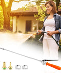 Beefy All Metal Replacement Sprayer Wand Kit 29 Inch with Adjustable Nozzle Brass Barbs used by woman watering garden.
