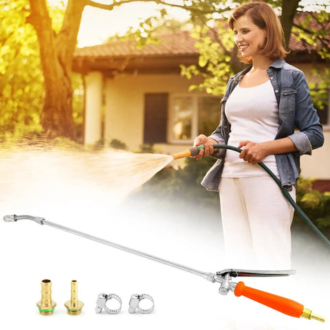 Beefy All Metal Replacement Sprayer Wand Kit 29 Inch with Adjustable Nozzle Brass Barbs used by woman watering garden.