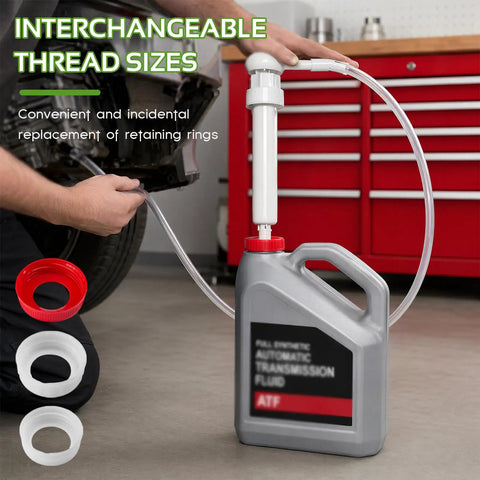 Heavy Duty 30cc Hand Oil Transfer Pump for Quick Transmission Fluid and Gear Oil in use with hose and gallon container.