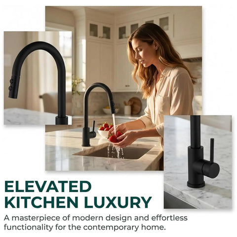 Black Kitchen Faucet With Pull Down Sprayer And Single Handle Pullout Design in stainless steel, shown in a modern kitchen setting.