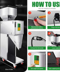 Heavy Duty Stainless Steel Automatic Filling Machine For Tea Seeds Coffee Beans Grains And More Dual Vibration Particle Weighing Filler Adjustable 10 To 999 Gram Range Bag And Bottle Filler 110V 200W with usage instructions.