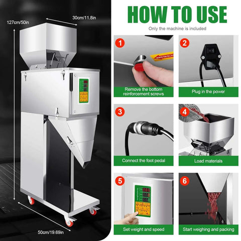 Heavy Duty Stainless Steel Automatic Filling Machine For Tea Seeds Coffee Beans Grains And More Dual Vibration Particle Weighing Filler Adjustable 10 To 999 Gram Range Bag And Bottle Filler 110V 200W with usage instructions.