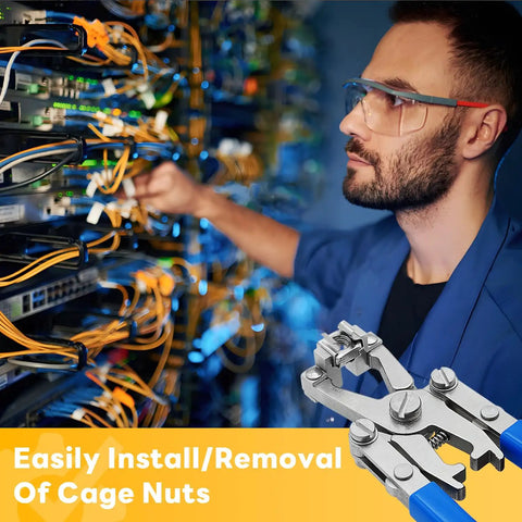 Heavy Duty Rotatable Dual Jaw Cage Nut Tool Kit With Ten M6 Silver Rack Screws Universal M4 Through M10 Quick Install Remover For Server Cabinets Data Centers Go-To Pro Gear in use with server equipment.