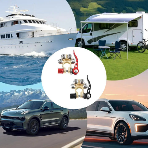4 Way Car Battery Terminal Connectors Quick Release Clip for Top Post Batteries on cars, yachts, and RVs backdrop