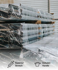 Tough As Nails Heavy Duty 5 Inch Stretch Wrap 12 Pack With Quick Grip Handle 1000 Feet Rolls 80 Gauge Dark Orange Plastic Cling for moving and tight box sealing, stacked rolls on pallets.