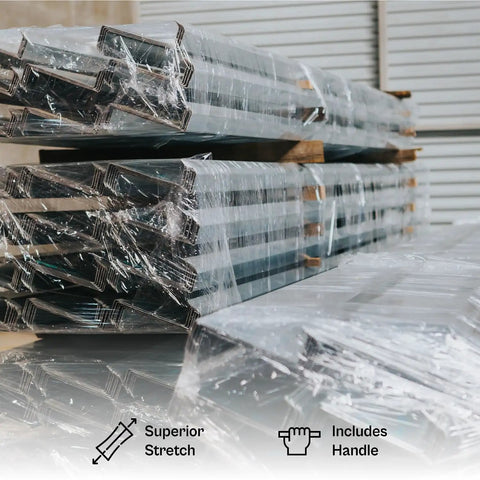 Tough As Nails Heavy Duty 5 Inch Stretch Wrap 12 Pack With Quick Grip Handle 1000 Feet Rolls 80 Gauge Dark Orange Plastic Cling for moving and tight box sealing, stacked rolls on pallets.