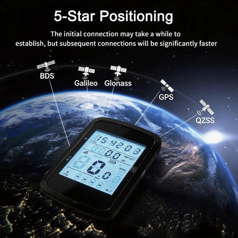 GPS Cycling Computer With Wireless Ride Data, IPX7 Waterproof Bike Speedometer Odometer displaying satellite connectivity icons