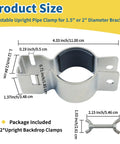 Two Pack Adjustable Pipe And Drape Clamps For 1.5 To 2 Inch Brackets Backdrop Stand shown with size dimensions and package contents.