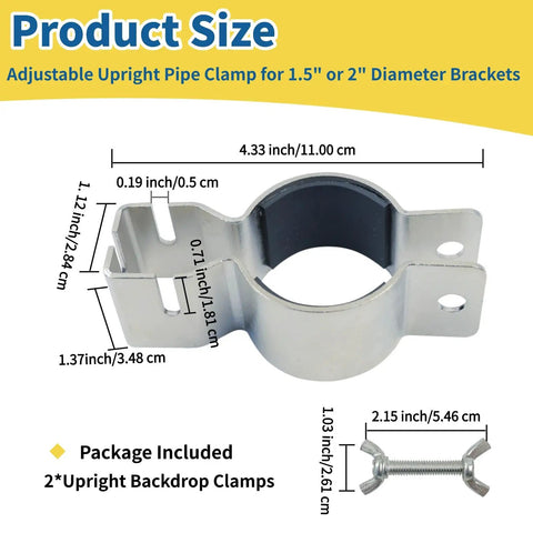 Two Pack Adjustable Pipe And Drape Clamps For 1.5 To 2 Inch Brackets Backdrop Stand shown with size dimensions and package contents.