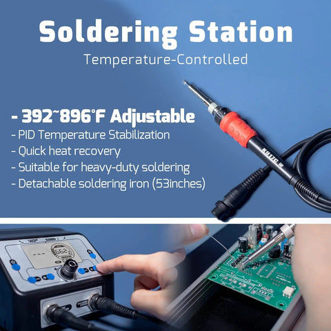 2 In 1 Soldering Iron Station And Hot Air Rework System With LCD Display, PID Temp Control, shown with soldering iron and control panel