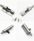 Hella Durable 304 Stainless Steel Spring Loaded Latches For Cabinet Doors With Telescopic Gun Hinge Hardware Built Tough For Smooth Left Side Swing and Knockout Quick Release Action, showing multiple angles.