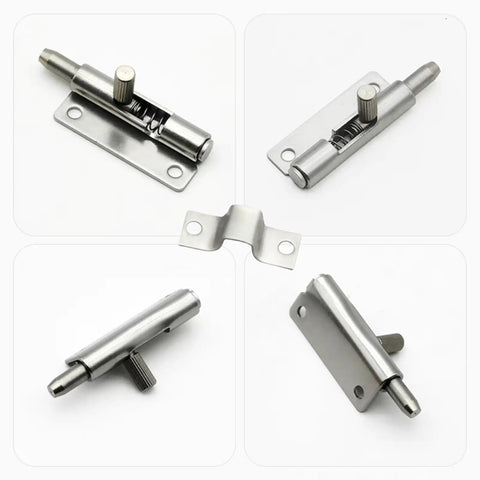 Hella Durable 304 Stainless Steel Spring Loaded Latches For Cabinet Doors With Telescopic Gun Hinge Hardware Built Tough For Smooth Left Side Swing and Knockout Quick Release Action, showing multiple angles.